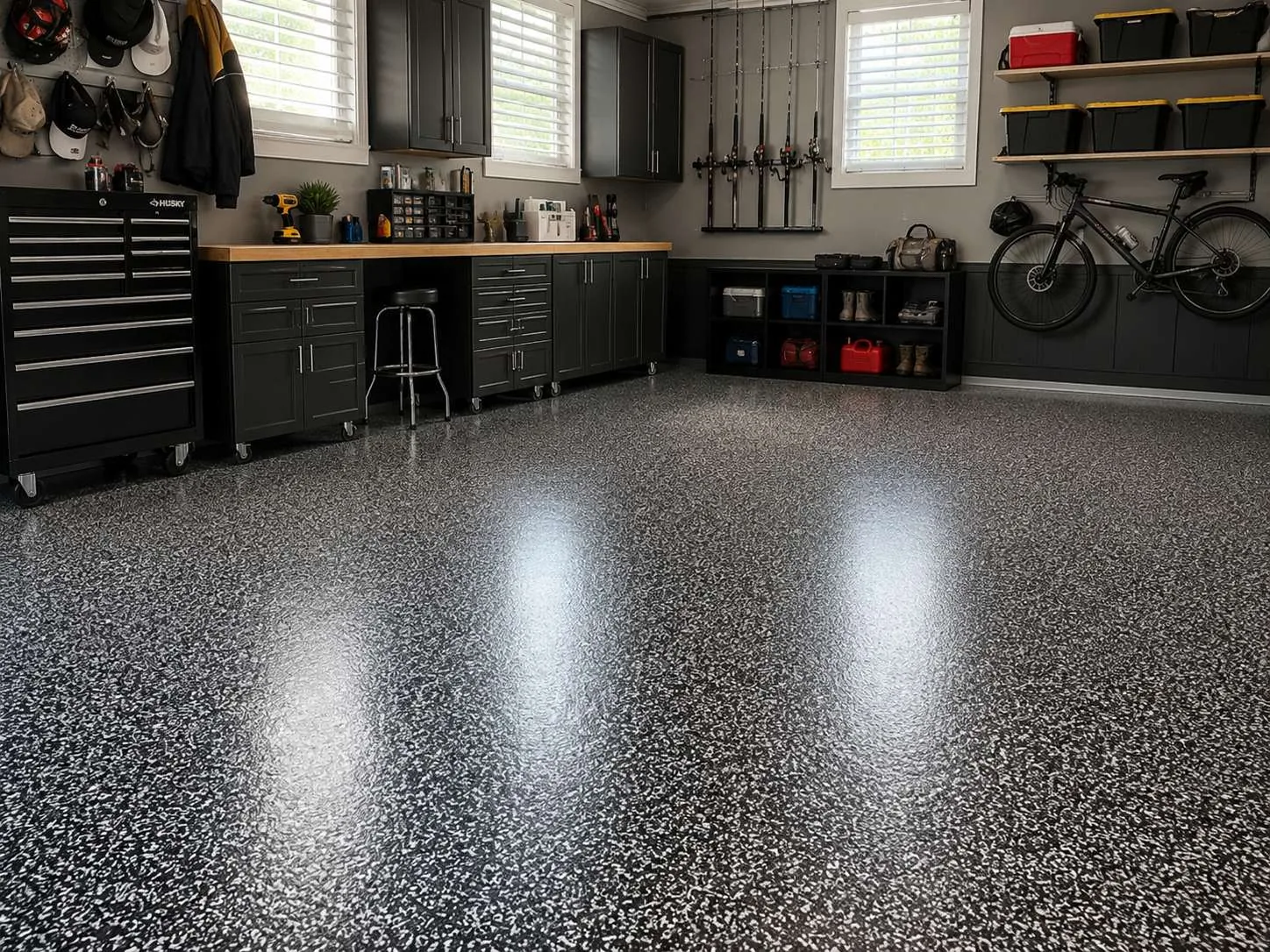 Clean black flake garage floor, easy maintenance