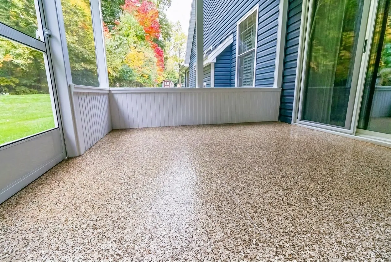 Screened-in patio with tan flake concrete floor coating, Bloomington Indiana